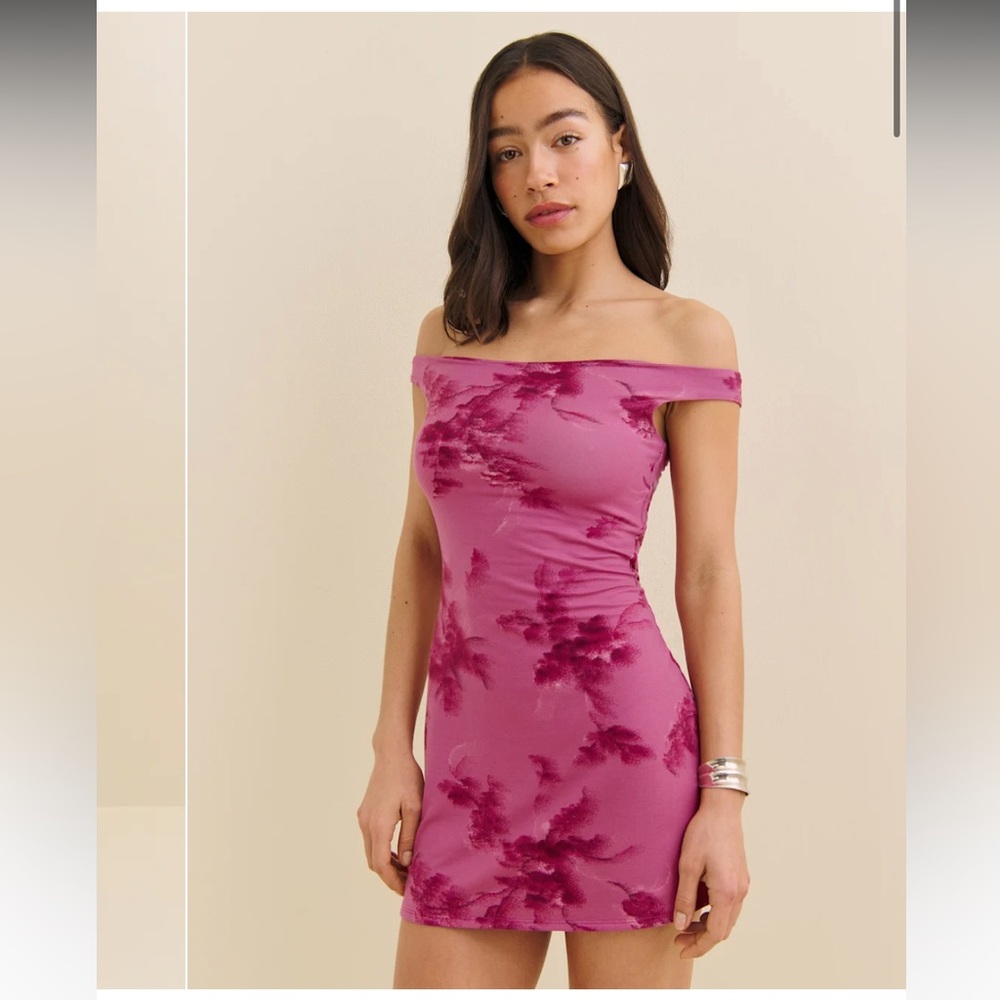 Reformation Lia Knit Pink Off the Shoulder Mini Dress